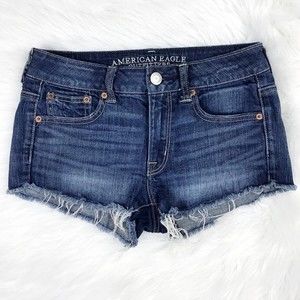 American Eagle Outfitters Stretch Cutoff Raw Hem Dark Blue Jean Denim Shorts Y2K